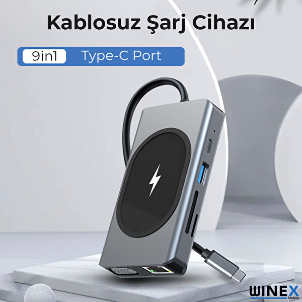 Winex 9in1 4K HDMI USB Ethernet PD Girişli 15W Kablosuz Şarj USB Type-C Hub Port Adaptör