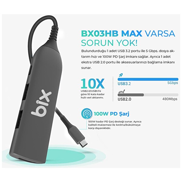 Bix BX03HB Max Type-C To 4K HDMI USB PD Dönüştürücü Adaptör