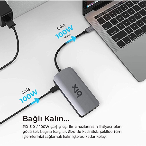 Bix BX17HB Type-C To Gigabit Ethernet HDMI PD USB 3.2 Micro SD/SD VGA Çoklayıcı Adaptör