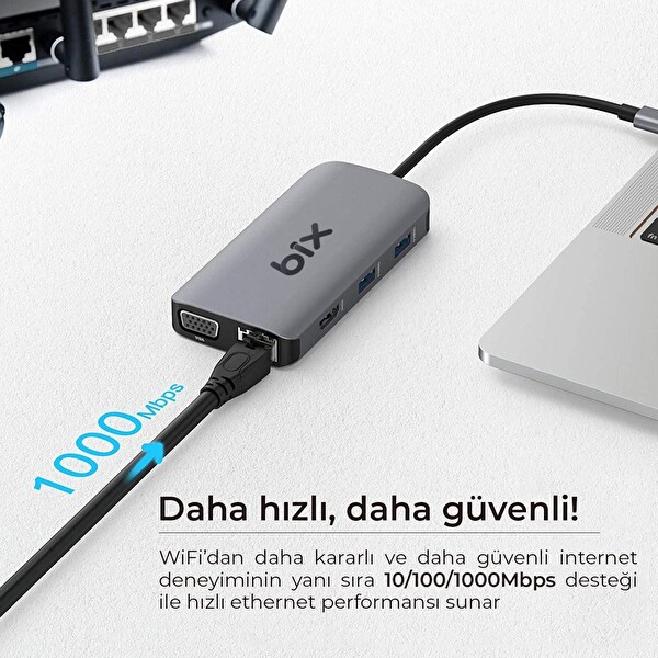 Bix BX17HB Type-C To Gigabit Ethernet HDMI PD USB 3.2 Micro SD/SD VGA Çoklayıcı Adaptör