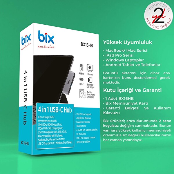 Bix BX16HB Type-C USB 3.5 MM AUX HDMI 4K Thunderbolt 3.0 PD Dönüştürücü Adaptör