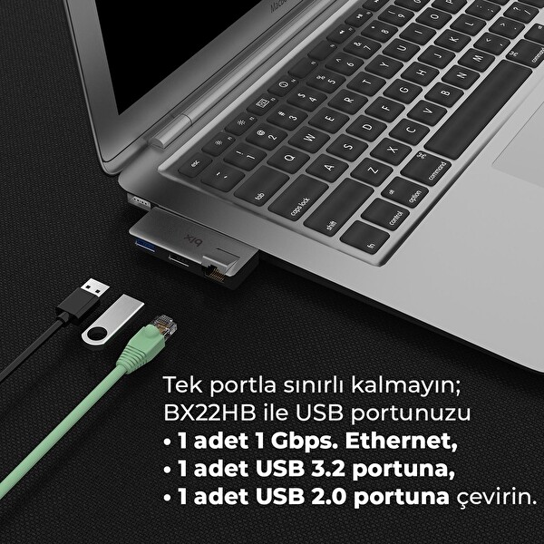 Bix BX22HB USB To USB 3.2 USB 2.0 RJ45 Dönüştürücü Adaptör
