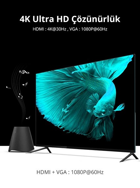 Ugreen 50505 Type-C HDMI VGA Siyah Dönüştürücü Adaptör