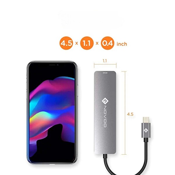 Novoo Type-C to 2xUSB-A 3.0 PD 100W 4K HDMI TF SD Kart Okuyucu Dönüştürücü Hub