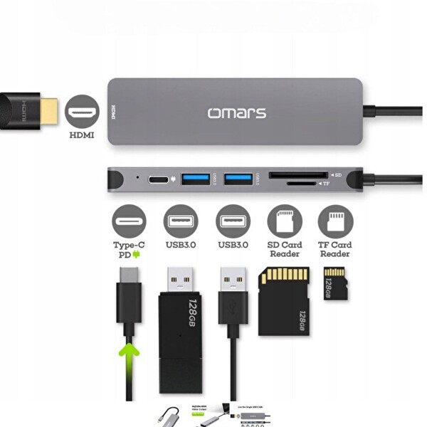 Novoo Type-C to 2xUSB-A 3.0 PD 100W 4K HDMI TF SD Kart Okuyucu Dönüştürücü Hub
