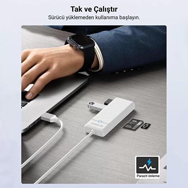 Orico PAPW3AT-C3-015-WH-EP Type-C To 3.0 TF SD Kart Okuyucu 3 Portlu USB 3.0 Beyaz Çoklayıcı Adaptör