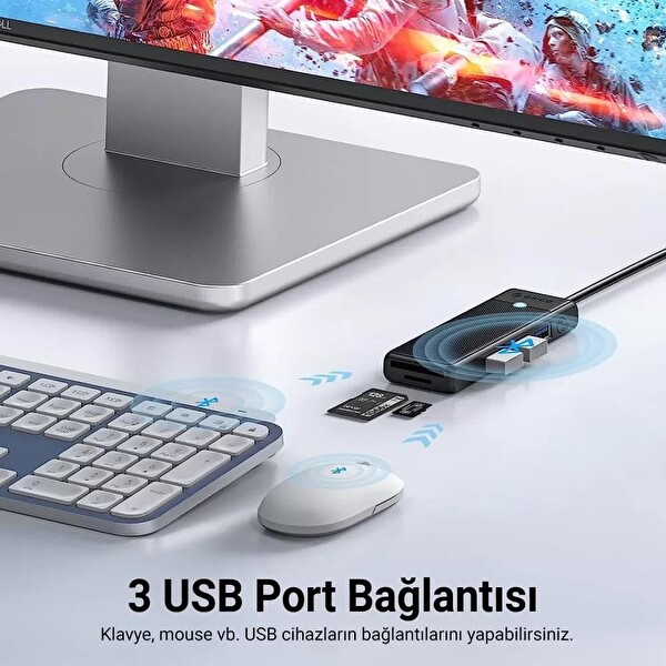 Orico PAPW3AT-C3-015-BK-EP Type-C To 3.0 TF SD Kart Okuyucu 3 Portlu USB 3.0 Siyah Çoklayıcı Adaptör