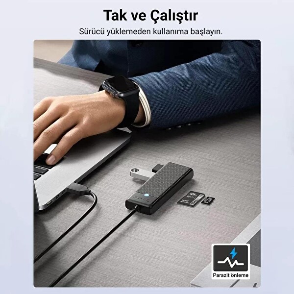 Orico PAPW3AT-C3-015-BK-EP Type-C To 3.0 TF SD Kart Okuyucu 3 Portlu USB 3.0 Siyah Çoklayıcı Adaptör