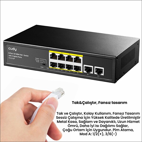 Cudy FS1010P 8 Port 10/100 Mbps 120 W Poe+ 2 Uplink Portlu Vlan Cctv Rack Mount Metal Switch