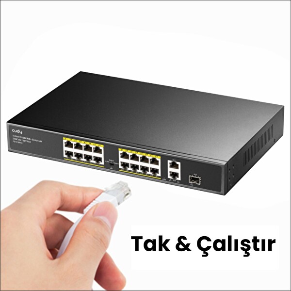 Cudy FS1018PS1 16 Port 10/100 Mbps 200 W Poe+ 2 Gigabit Uplink Portlu SFP Vlan Cctv Switch