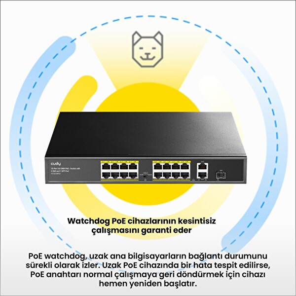 Cudy FS1018PS1 16 Port 10/100 Mbps 200 W Poe+ 2 Gigabit Uplink Portlu SFP Vlan Cctv Switch