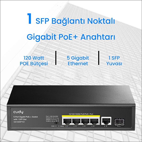 Cudy GS1005PTS1 1 Port Gigabit+ 4 Port Gigabit 120 W PoE+1 Port SFP Gigabit Metal Switch