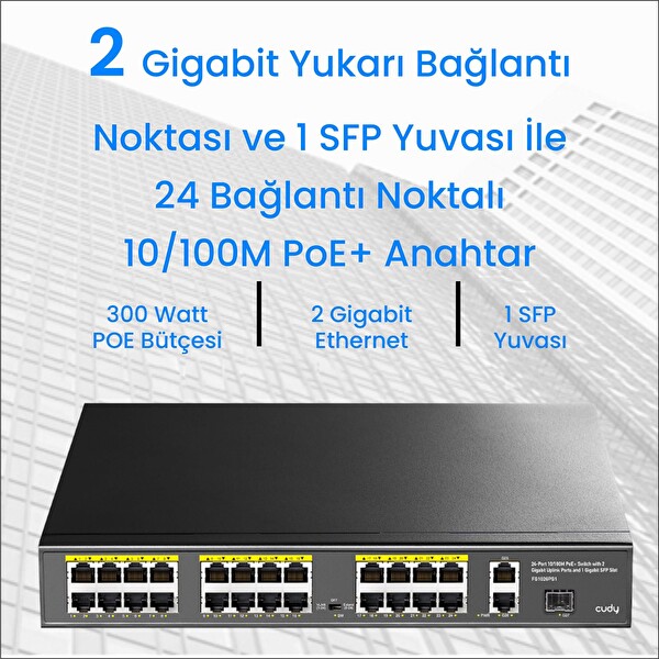 Cudy FS1026PS1 300 W PoE+ 24 Port 10/100 Mbps+ 2 Port 10/100/1000 Mbps Gigabit+1 Port SFP Switch