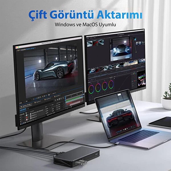 Ugreen 90912 9'u 1 Arada 2*HDMI 2*Displayport USB-A 3.2 Gen2 Type-C 100W Ethernet Dönüştürücü Dock Station