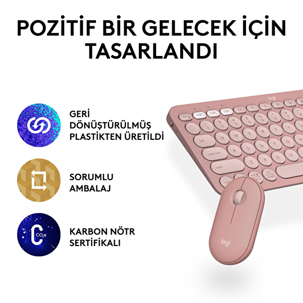Logitech 920-012247 Pebble 2 Combo Çoklu Sessiz Kablosuz Türkçe Q Pembe Klavye ve Mouse Seti