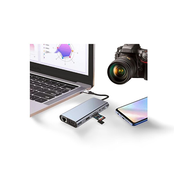 Cosmostech Macbook Pro Air Type-C 11 In-1 Çoklu Fonksiyonlu USB Type-C Çevirici
