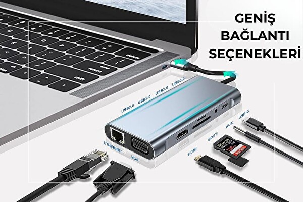 Cosmostech Macbook Pro Air Type-C 11 In-1 Çoklu Fonksiyonlu USB Type-C Çevirici