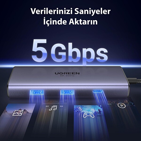 Ugreen 15852 Type-C To 2xUSB 3.0 1 Type-C 2xHDMI 8K 30Hz 100W PD Güç Girişi Çoklayıcı Hub Adaptör