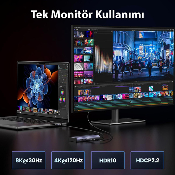 Ugreen 15852 Type-C To 2xUSB 3.0 1 Type-C 2xHDMI 8K 30Hz 100W PD Güç Girişi Çoklayıcı Hub Adaptör