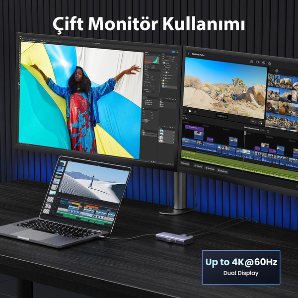 Ugreen 15852 Type-C To 2xUSB 3.0 1 Type-C 2xHDMI 8K 30Hz 100W PD Güç Girişi Çoklayıcı Hub Adaptör