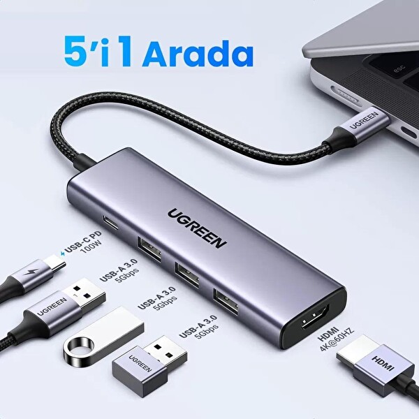Ugreen 15597 Type-C To 4k/60hz Hdmı 3xUSB 3.0 100W PD Güç Girişi Çoklayıcı Hub Adaptör
