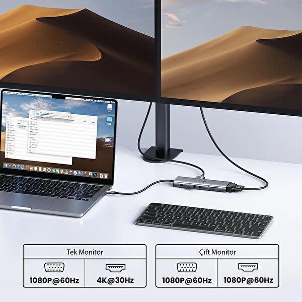 Ugreen 15600 Type-C To 3xUSB 3.0 4K/30hz Hdmı VGA Gigabit Ethernet SD TF Kart Okuyucu Çoklayıcı Hub Adaptör