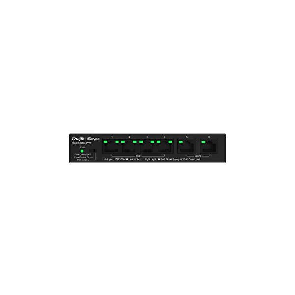 Ruijie Reyee RG-ES106D-P V2 4 Port 10/100 Yönetilemez 2 Port Uplink 10/100 4 Adet Poe 58w Switch