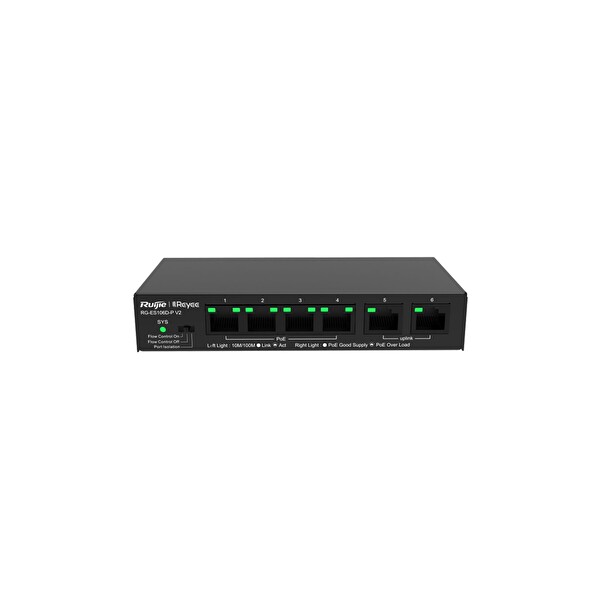 Ruijie Reyee RG-ES106D-P V2 4 Port 10/100 Yönetilemez 2 Port Uplink 10/100 4 Adet Poe 58w Switch