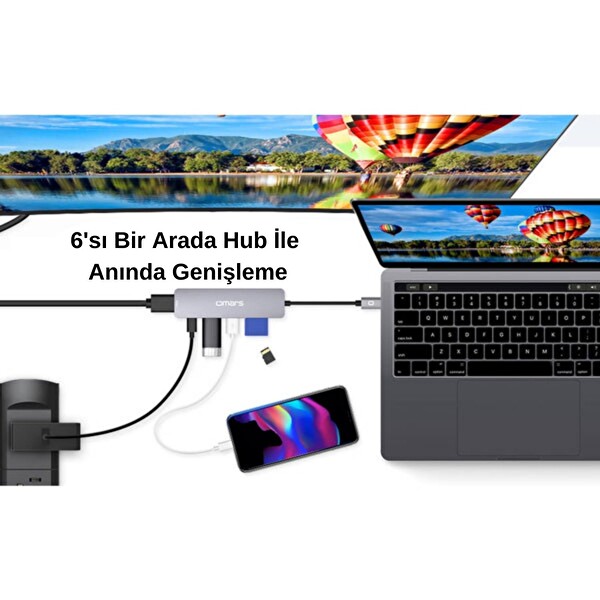 Omars 6 Port Type-C USB 3.1 PD 4K HDMI Video Transferi SD/TF Kart Uyumlu Hub Dönüştürücü Adaptör