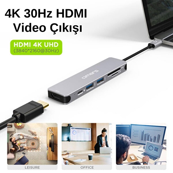 Omars 6 Port Type-C USB 3.1 PD 4K HDMI Video Transferi SD/TF Kart Uyumlu Hub Dönüştürücü Adaptör