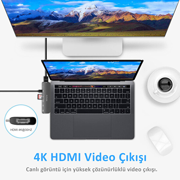Gri Type-c Usb Hdmi Çoklayıcı Dual Dönüştürücü MacBook Uyumlu