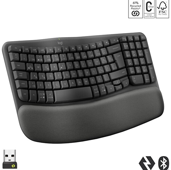 Logitech Wave Keys Kablosuz Bluetooth Dolgulu Avuç İçi Destekli Ergonomik Türkçe Q Klavye Siyah