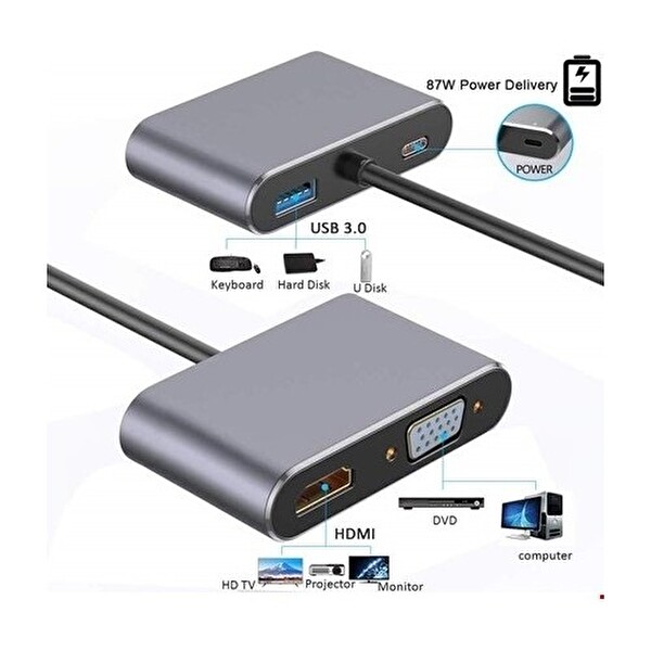 Daytona FC02 MacBook Uyumlu Type-C to 4K Ultra HD 1080p HDMI VGA PD Şarj USB 3.0 4in1 Çevirici Hub Adaptör