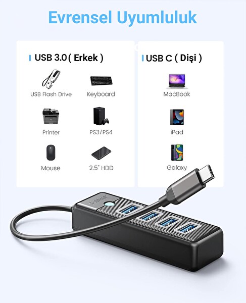 Orico Type-C to USB-A 3.0 4 Portlu Ultra Slim USB Çoklayıcı Hub Siyah PW4U-C3-015-BK-EP