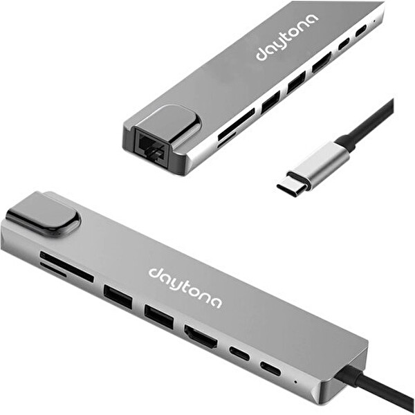 Daytona CF10 MacBook Uyumlu 8'i 1 Arada Type-C To 4K 2* Type-C 2* USB 3.0 Ethernet Lan 2* SD Çevirici Hub Adaptör