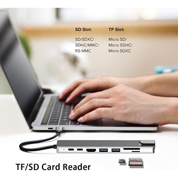 Daytona CF10 MacBook Uyumlu 8'i 1 Arada Type-C To 4K 2* Type-C 2* USB 3.0 Ethernet Lan 2* SD Çevirici Hub Adaptör