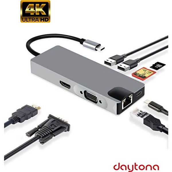 Daytona FC09 MacBook Uyumlu Type-C To 4K 8'i 1 Arada Çevirici Hub Adaptör