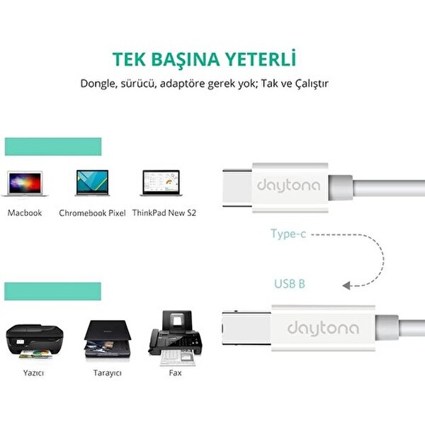 Daytona TB1-2 Type-C To USB B Telefon PC Tablet İçin Midi Org Elektrikli Piyano Yazıcı Konnektörü Çevirici Kablo 2 M