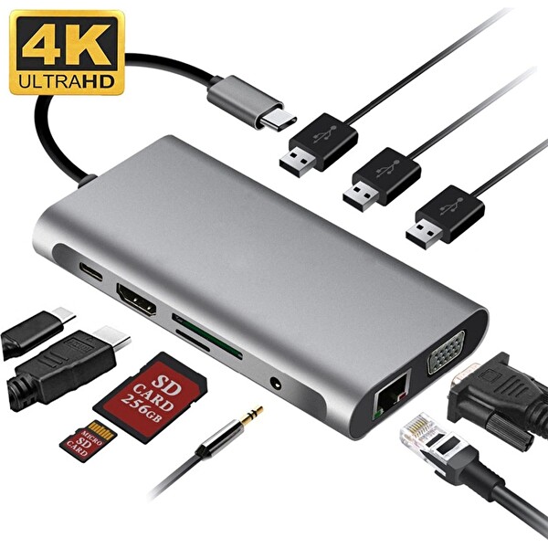 Daytona FC31 Macbook Uyumlu Type-C UBS-C to 3x USB 3.0 4K 1080P HD HDMI VGA RJ45 PD Aux SD TF 10IN1 Çevirici Hub Adaptör