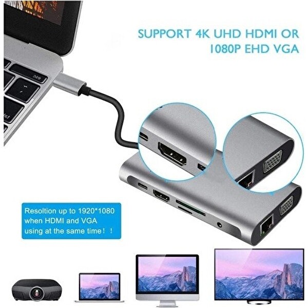 Daytona FC31 Macbook Uyumlu Type-C UBS-C to 3x USB 3.0 4K 1080P HD HDMI VGA RJ45 PD Aux SD TF 10IN1 Çevirici Hub Adaptör