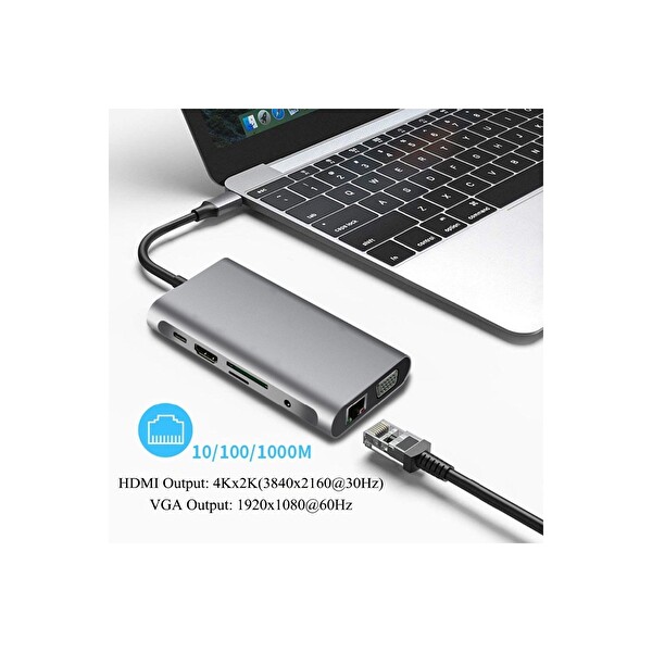 Daytona FC31 Macbook Uyumlu Type-C UBS-C to 3x USB 3.0 4K 1080P HD HDMI VGA RJ45 PD Aux SD TF 10IN1 Çevirici Hub Adaptör