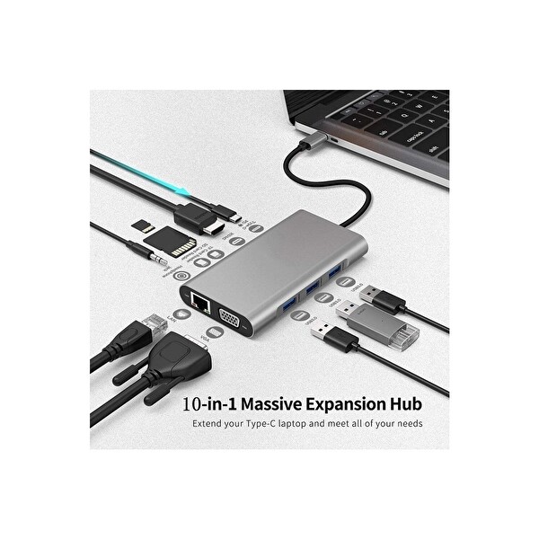 Daytona FC31 Macbook Uyumlu Type-C UBS-C to 3x USB 3.0 4K 1080P HD HDMI VGA RJ45 PD Aux SD TF 10IN1 Çevirici Hub Adaptör