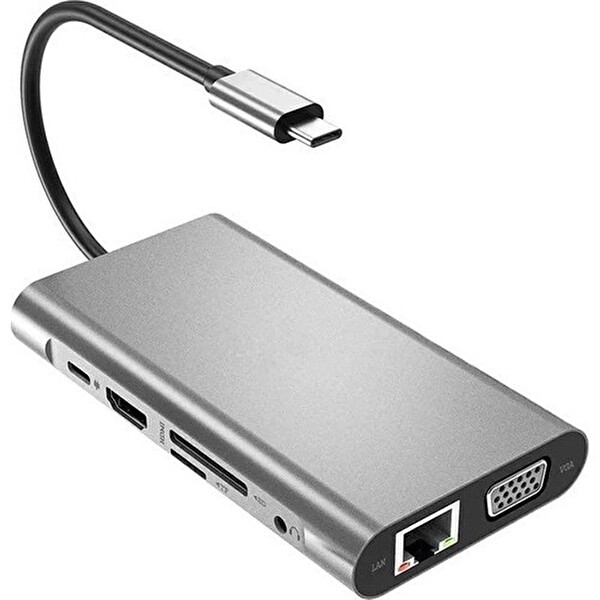 Daytona FC31 Macbook Uyumlu Type-C UBS-C to 3x USB 3.0 4K 1080P HD HDMI VGA RJ45 PD Aux SD TF 10IN1 Çevirici Hub Adaptör