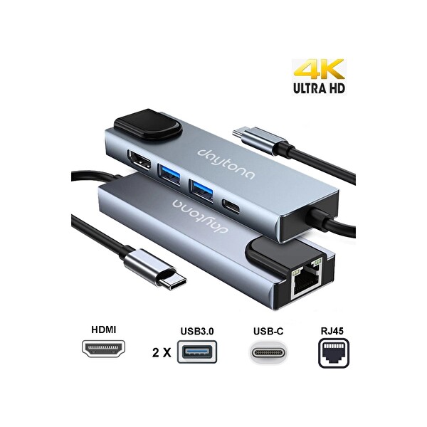 Daytona FC-55 MacBook Android Uyumlu Type-C to 2xUSB 3.0 4K HDMI Ethernet RJ45 PD Çevirici Hub Adaptör