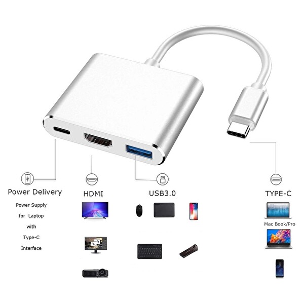 Daytona CF01 MacBook Uyumlu 4K Full HD 1080p Type-C to 3 Portlu HDMI - USB 3.0 - PD Çevirici Hub Adaptör
