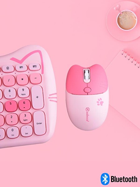 NDNeed Sevimli Kedi Kablosuz Klavye ve Mouse Seti Bluetooth 2.4G Dual Mode