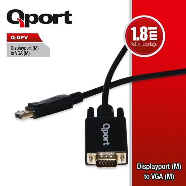 Qport Q-DPV Display Port To VGA 1.8 M Çevirici Dönüştürücü Kablo
