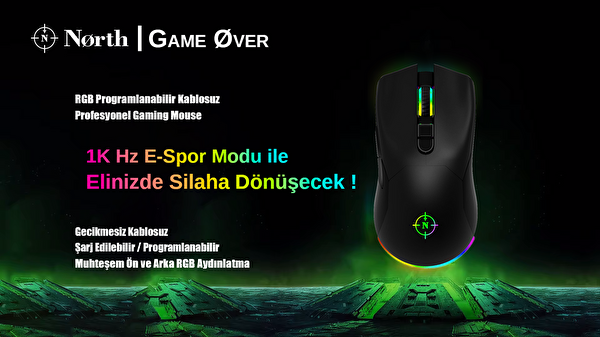 North Game Over RGB Kablosuz Şarjlı 10.000 DPI Profesyonel Gaming Oyuncu Mouse