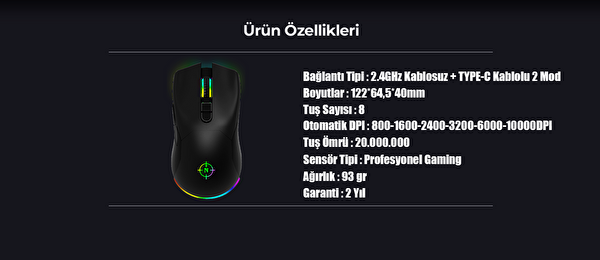 North Game Over RGB Kablosuz Şarjlı 10.000 DPI Profesyonel Gaming Oyuncu Mouse