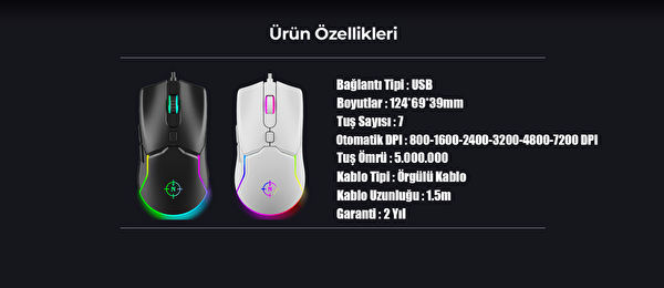 North Air White RGB 7.200 DPI 7 Tuş Profesyonel Gaming Beyaz Oyuncu Mouse